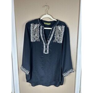 Sigrid Olsen Silk Tunic Womens L Black Embroidered Long Sleeve V Neck Blouse